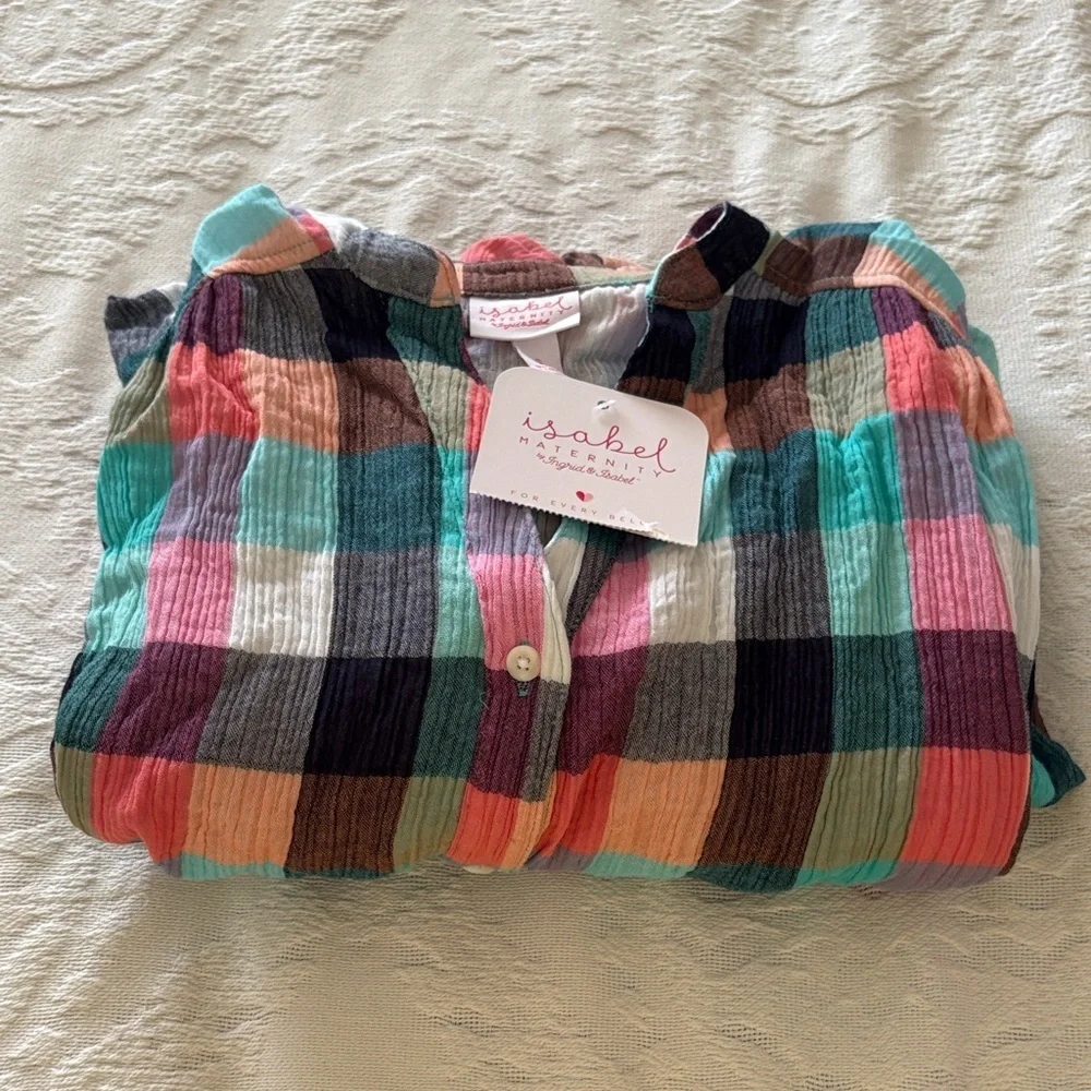 BNWT Isabel Maternity Dolman Colorful Plaid Button Up Shirt Tunic Dress